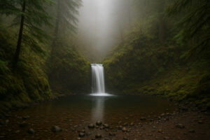Lush forest scene featuring a secluded cascade surrounded by moss-covered rocks, capturing the beauty of hidden waterfalls in Oregon.