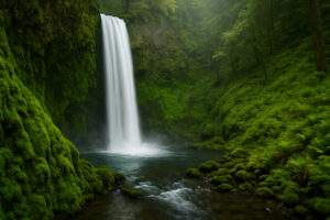 Lush forest scene featuring a secluded cascade surrounded by moss-covered rocks, capturing the beauty of hidden waterfalls in Oregon.