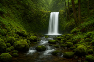 Lush forest scene featuring a secluded cascade surrounded by moss-covered rocks, capturing the beauty of hidden waterfalls in Oregon.