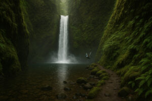Lush forest scene featuring a secluded cascade surrounded by moss-covered rocks, capturing the beauty of hidden waterfalls in Oregon.