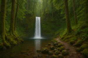 Lush forest scene featuring a secluded cascade surrounded by moss-covered rocks, capturing the beauty of hidden waterfalls in Oregon.