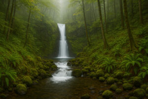 Lush forest scene featuring a secluded cascade surrounded by moss-covered rocks, capturing the beauty of hidden waterfalls in Oregon.