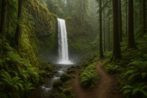 Lush forest scene featuring a secluded cascade surrounded by moss-covered rocks, capturing the beauty of hidden waterfalls in Oregon.
