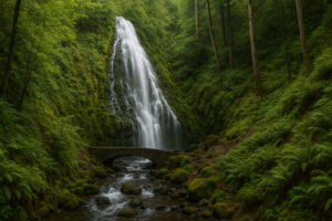 Lush forest scene featuring a secluded cascade surrounded by moss-covered rocks, capturing the beauty of hidden waterfalls in Oregon.