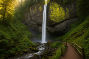 Lush forest scene featuring a secluded cascade surrounded by moss-covered rocks, capturing the beauty of hidden waterfalls in Oregon.