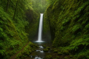 Lush forest scene featuring a secluded cascade surrounded by moss-covered rocks, capturing the beauty of hidden waterfalls in Oregon.