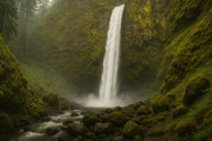 Lush forest scene featuring a secluded cascade surrounded by moss-covered rocks, capturing the beauty of hidden waterfalls in Oregon.
