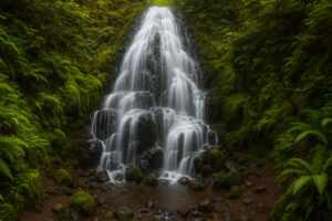 Lush forest scene featuring a secluded cascade surrounded by moss-covered rocks, capturing the beauty of hidden waterfalls in Oregon.