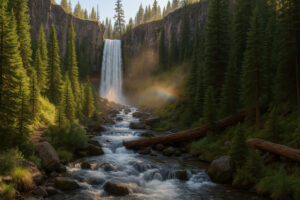 Lush forest scene featuring a secluded cascade surrounded by moss-covered rocks, capturing the beauty of hidden waterfalls in Oregon.