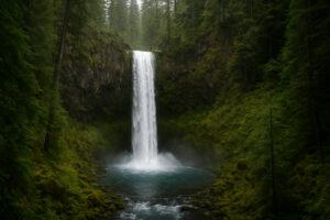Lush forest scene featuring a secluded cascade surrounded by moss-covered rocks, capturing the beauty of hidden waterfalls in Oregon.