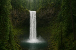 Lush forest scene featuring a secluded cascade surrounded by moss-covered rocks, capturing the beauty of hidden waterfalls in Oregon.