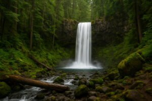 Lush forest scene featuring a secluded cascade surrounded by moss-covered rocks, capturing the beauty of hidden waterfalls in Oregon.