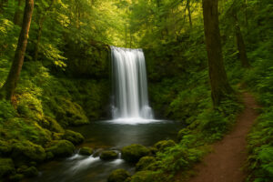 Lush forest scene featuring a secluded cascade surrounded by moss-covered rocks, capturing the beauty of hidden waterfalls in Oregon.