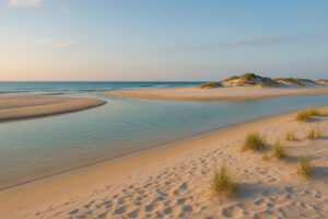 Serene shoreline with soft white sand and gentle waves at one of the hidden beaches in Gulf Shores, Alabama.
