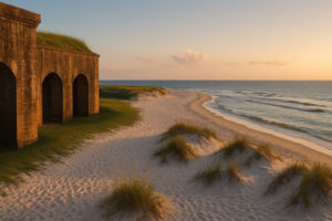 Serene shoreline with soft white sand and gentle waves at one of the hidden beaches in Gulf Shores, Alabama.