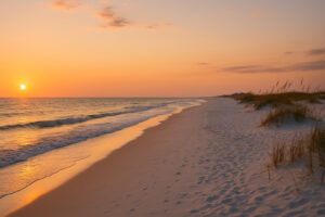 Serene shoreline with soft white sand and gentle waves at one of the hidden beaches in Gulf Shores, Alabama.
