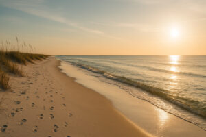 Serene shoreline with soft white sand and gentle waves at one of the hidden beaches in Gulf Shores, Alabama.