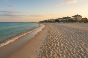 Serene shoreline with soft white sand and gentle waves at one of the hidden beaches in Gulf Shores, Alabama.