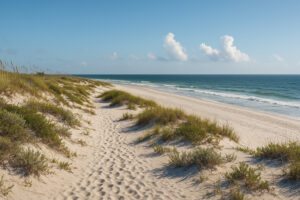 Serene shoreline with soft white sand and gentle waves at one of the hidden beaches in Gulf Shores, Alabama.