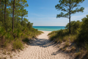 Serene shoreline with soft white sand and gentle waves at one of the hidden beaches in Gulf Shores, Alabama.