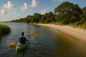 Serene shoreline with soft white sand and gentle waves at one of the hidden beaches in Gulf Shores, Alabama.