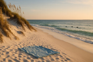 Serene shoreline with soft white sand and gentle waves at one of the hidden beaches in Gulf Shores, Alabama.