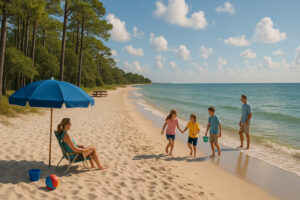 Serene shoreline with soft white sand and gentle waves at one of the hidden beaches in Gulf Shores, Alabama.