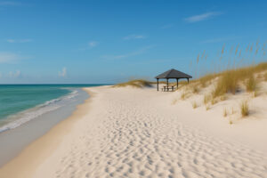 Serene shoreline with soft white sand and gentle waves at one of the hidden beaches in Gulf Shores, Alabama.