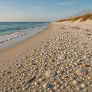 Serene shoreline with soft white sand and gentle waves at one of the hidden beaches in Gulf Shores, Alabama.