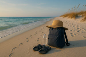 Serene shoreline with soft white sand and gentle waves at one of the hidden beaches in Gulf Shores, Alabama.