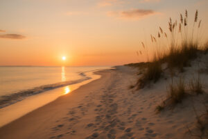 Serene shoreline with soft white sand and gentle waves at one of the hidden beaches in Gulf Shores, Alabama.