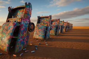 Colorful and unusual sculptures along a highway showcasing quirky roadside attractions in the U.S.