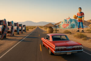 Colorful and unusual sculptures along a highway showcasing quirky roadside attractions in the U.S.