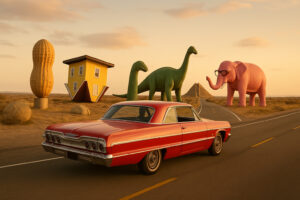 Colorful and unusual sculptures along a highway showcasing quirky roadside attractions in the U.S.