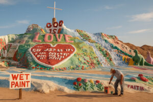 Colorful and unusual sculptures along a highway showcasing quirky roadside attractions in the U.S.