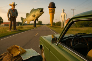 Colorful and unusual sculptures along a highway showcasing quirky roadside attractions in the U.S.