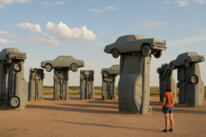Colorful and unusual sculptures along a highway showcasing quirky roadside attractions in the U.S.