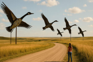 Colorful and unusual sculptures along a highway showcasing quirky roadside attractions in the U.S.