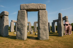 Colorful and unusual sculptures along a highway showcasing quirky roadside attractions in the U.S.