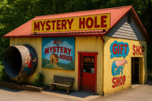 Colorful and unusual sculptures along a highway showcasing quirky roadside attractions in the U.S.