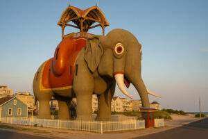 Colorful and unusual sculptures along a highway showcasing quirky roadside attractions in the U.S.