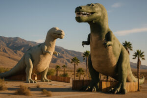 Colorful and unusual sculptures along a highway showcasing quirky roadside attractions in the U.S.