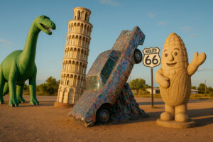 Colorful and unusual sculptures along a highway showcasing quirky roadside attractions in the U.S.