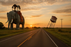 Colorful and unusual sculptures along a highway showcasing quirky roadside attractions in the U.S.