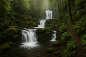 Lush forest scene featuring a secluded cascade surrounded by moss-covered rocks, capturing the beauty of hidden waterfalls in Oregon.