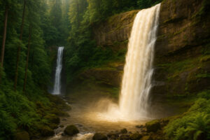 Lush forest scene featuring a secluded cascade surrounded by moss-covered rocks, capturing the beauty of hidden waterfalls in Oregon.