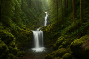 Lush forest scene featuring a secluded cascade surrounded by moss-covered rocks, capturing the beauty of hidden waterfalls in Oregon.