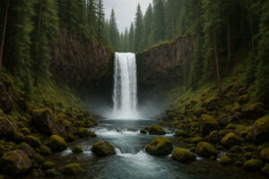 Lush forest scene featuring a secluded cascade surrounded by moss-covered rocks, capturing the beauty of hidden waterfalls in Oregon.