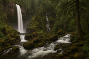 Lush forest scene featuring a secluded cascade surrounded by moss-covered rocks, capturing the beauty of hidden waterfalls in Oregon.