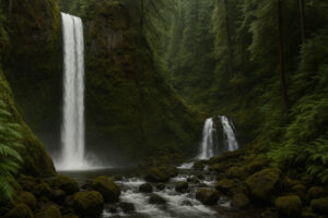 Lush forest scene featuring a secluded cascade surrounded by moss-covered rocks, capturing the beauty of hidden waterfalls in Oregon.